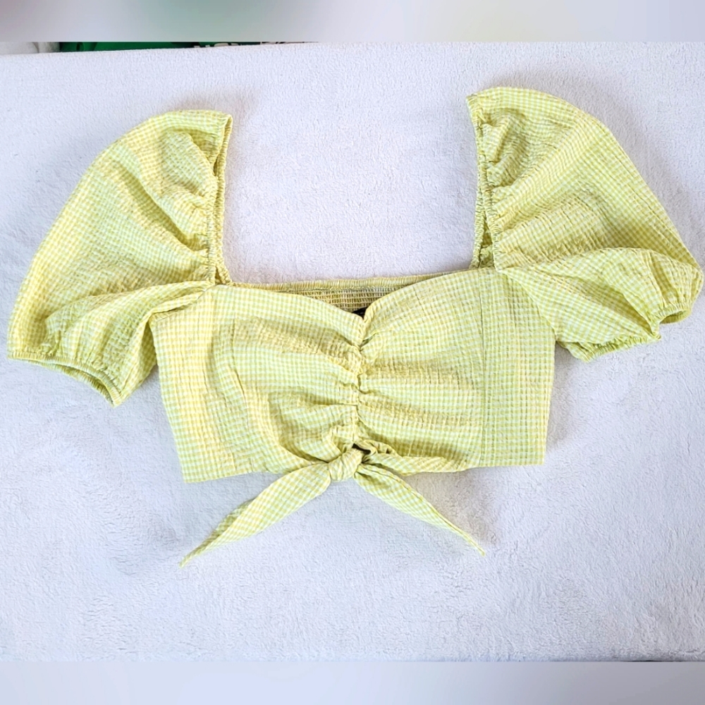 💕 Zara NEW Lime Yellow Gingham Plaid Crop Bubble Sleeves Checkered Knot Zipper - Picture 2 of 15